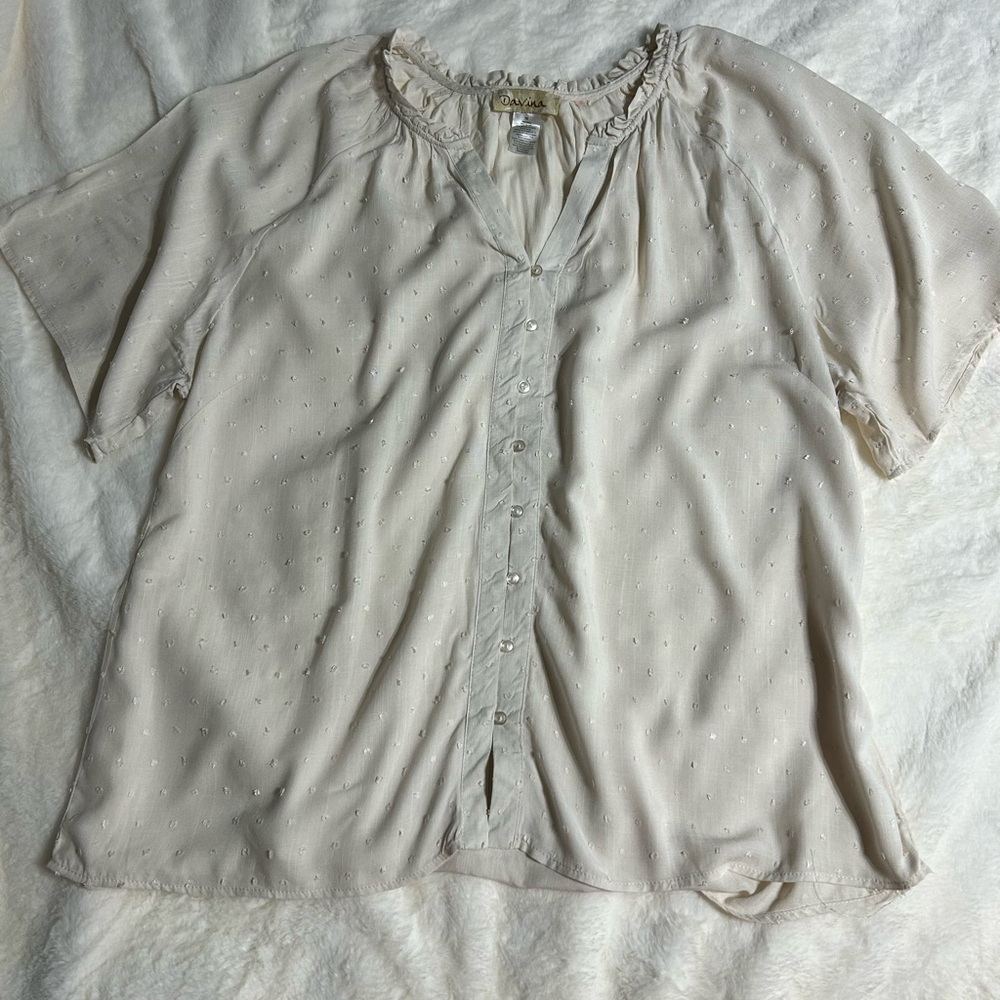 Light Cream Swiss-Dot Button Front Blouse - Women's